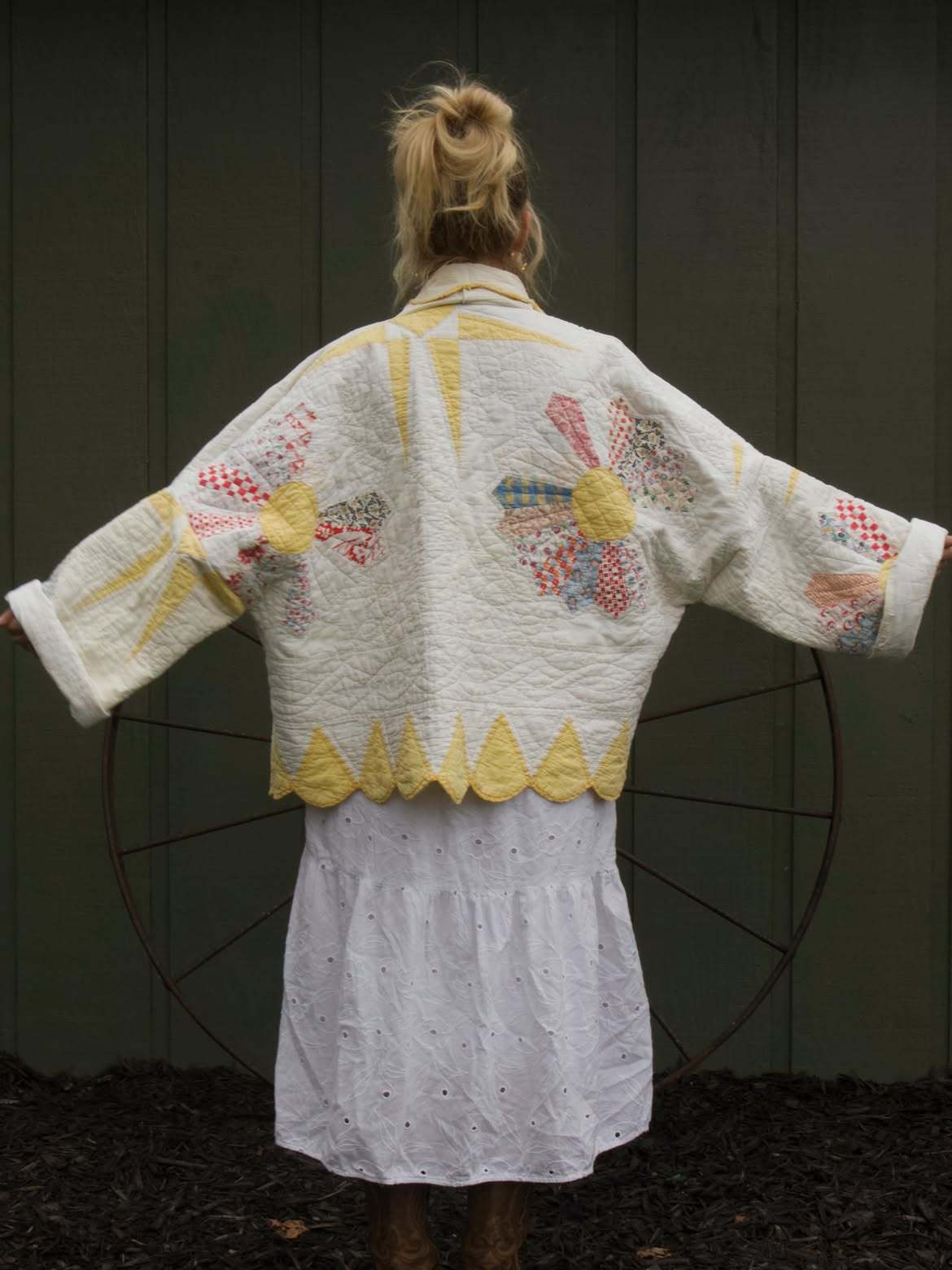 Yellow Scallop Trim Patchwork Quilted Jacket