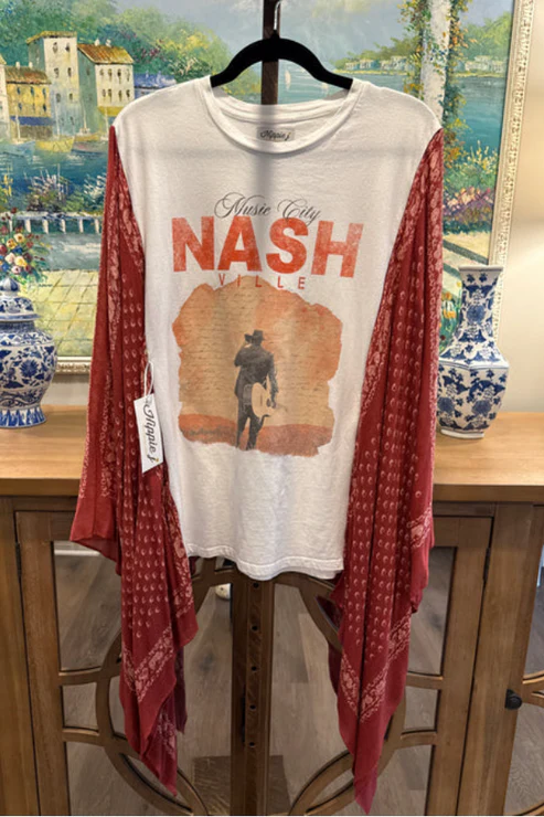 Recycled Nashville Music City–Patterned Batwing-Sleeve T-Shirt