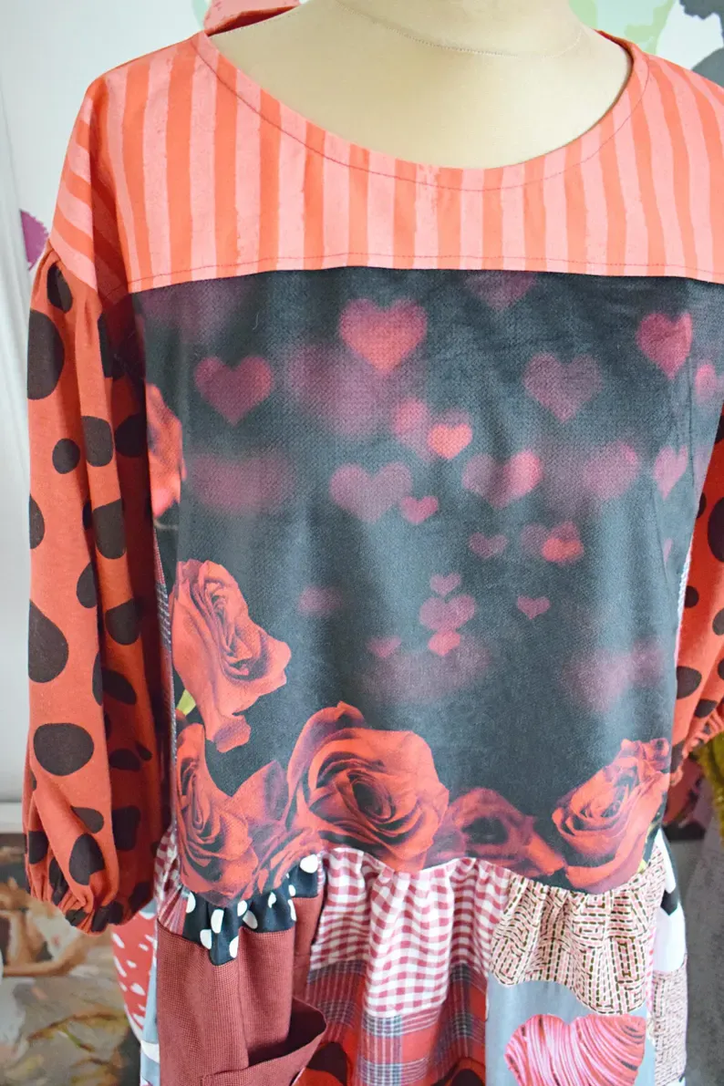 Heart Rose Polka Dot Patchwork Midi Dress
