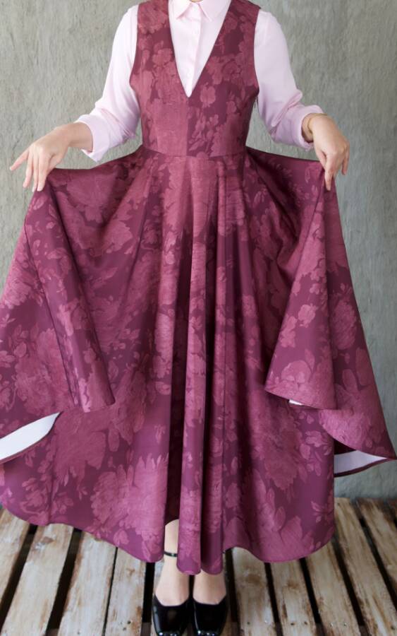 Vintage Jacquard V-Neck Pinafore Dress-Wine Red
