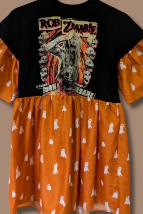 Rob Zombie - Orange & White Ghost Print Smock Dress