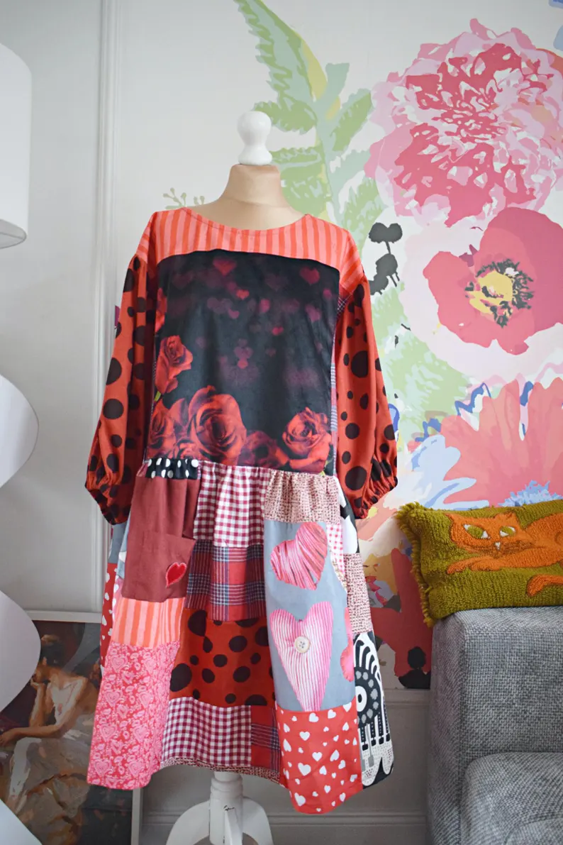 Heart Rose Polka Dot Patchwork Midi Dress