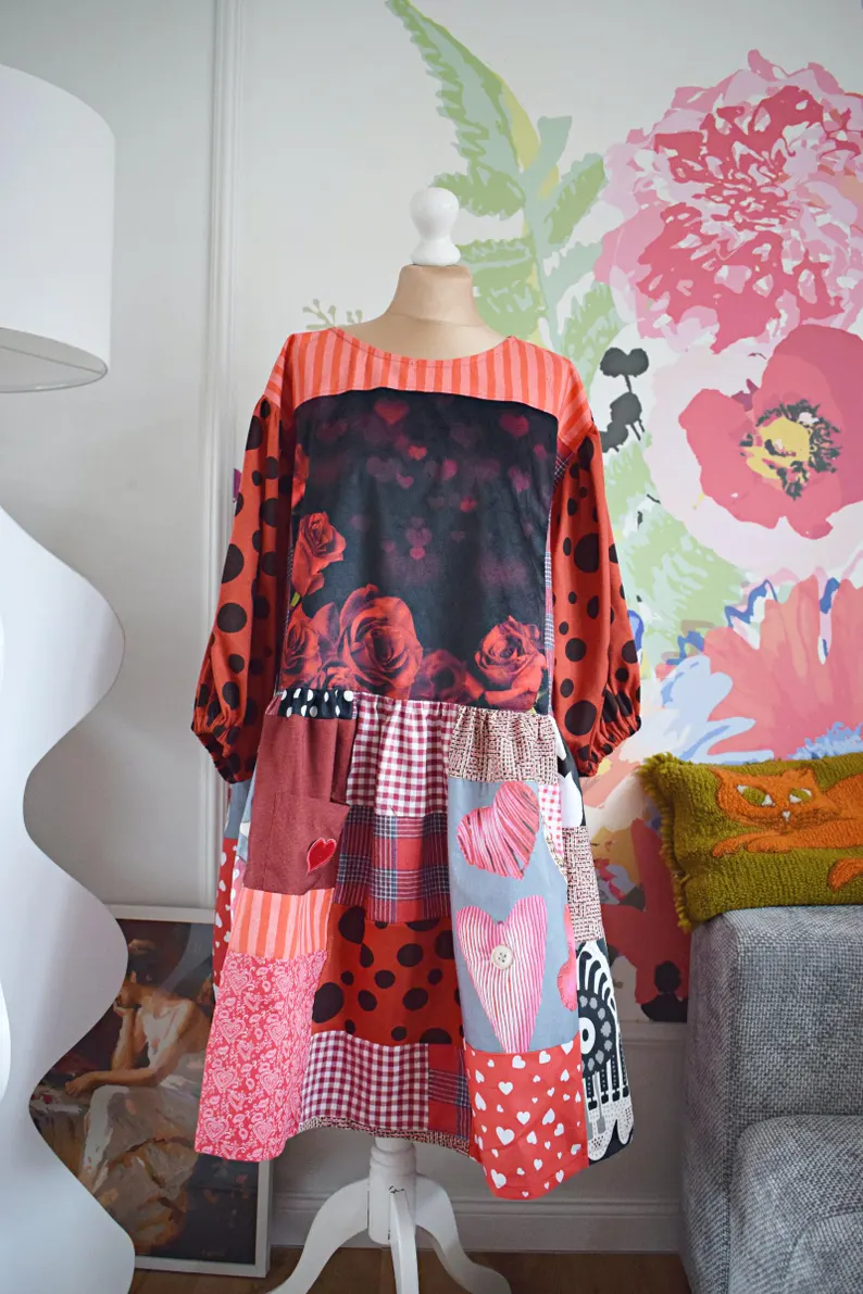 Heart Rose Polka Dot Patchwork Midi Dress