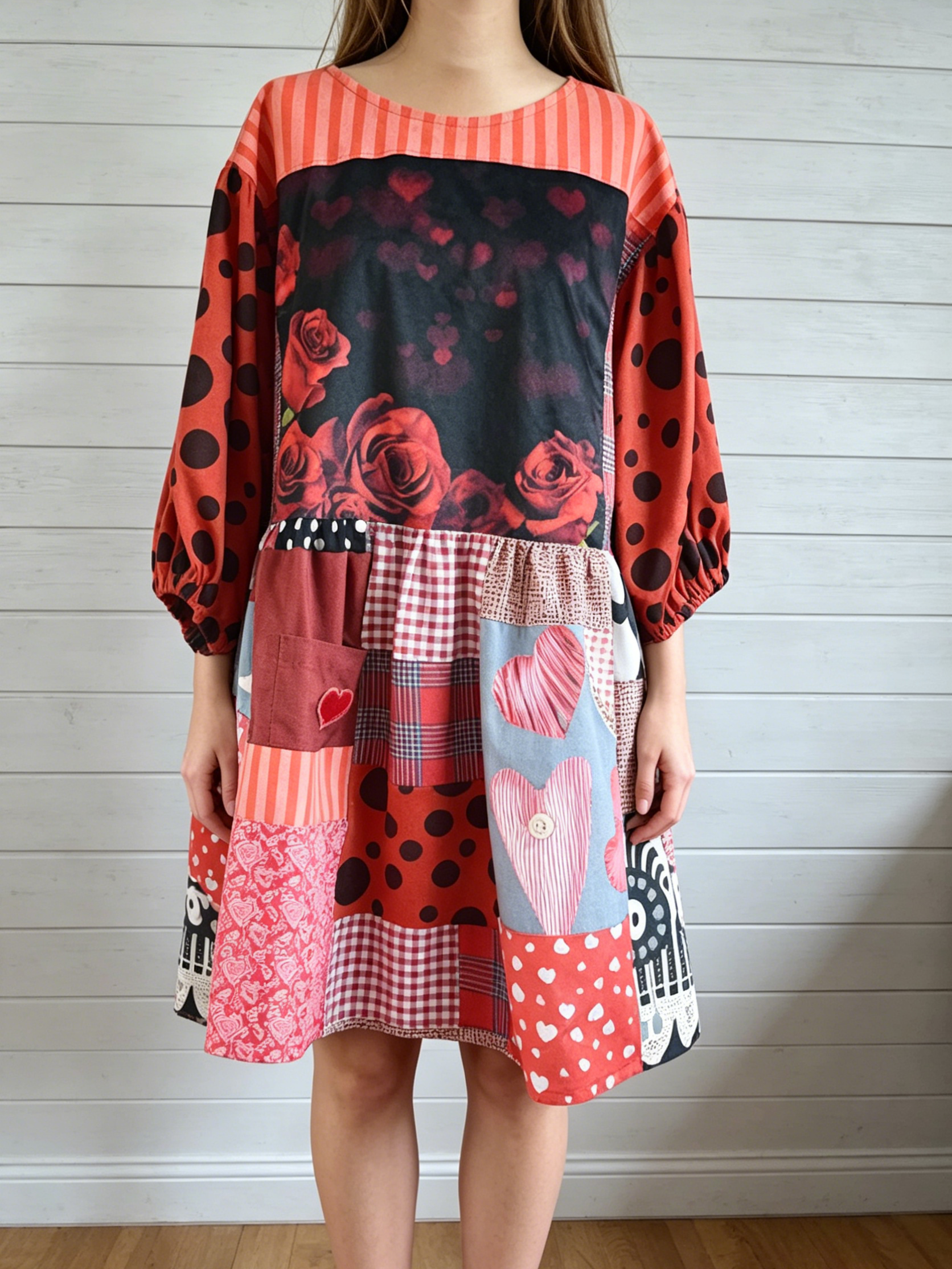 Heart Rose Polka Dot Patchwork Midi Dress