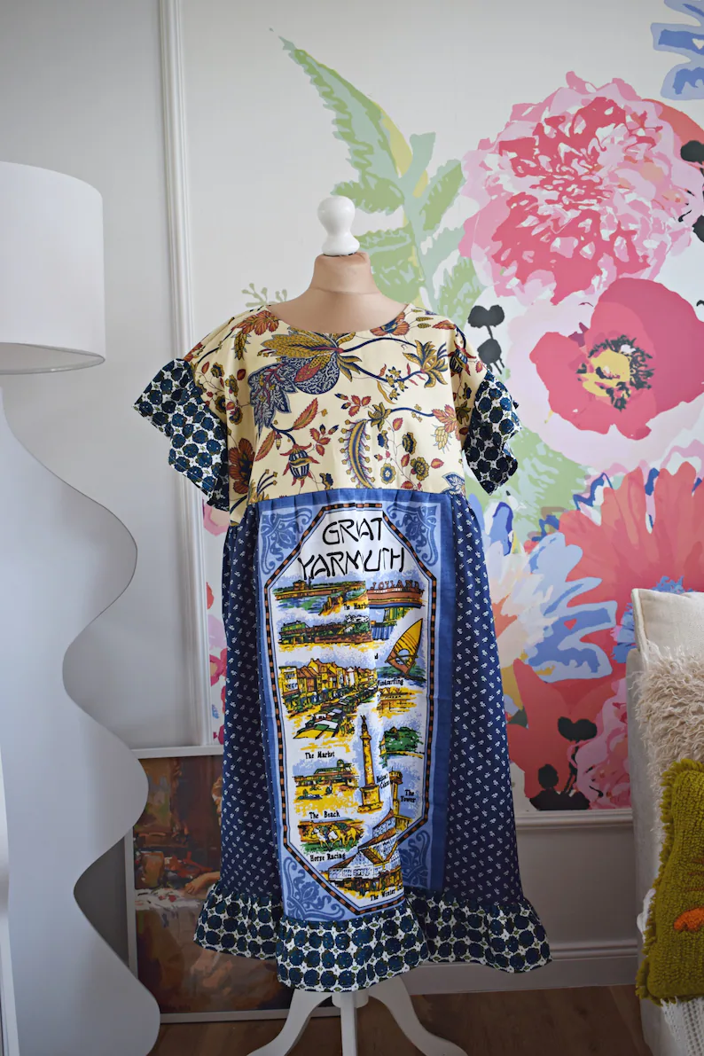 Great Yarmouth Vintage Travel Floral Patchwork Midi Dress