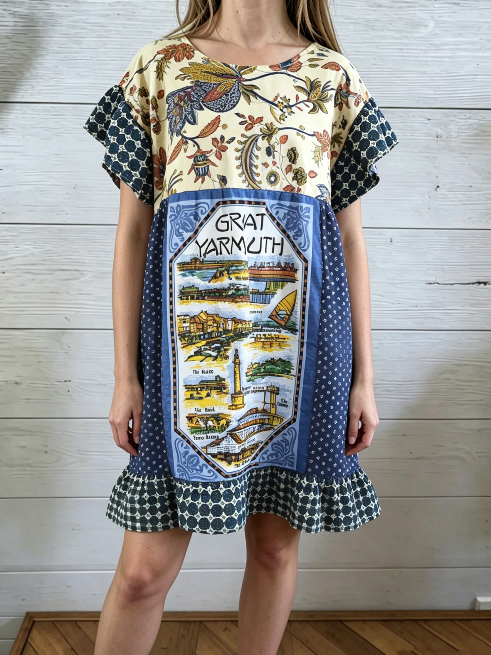 Great Yarmouth Vintage Travel Floral Patchwork Midi Dress