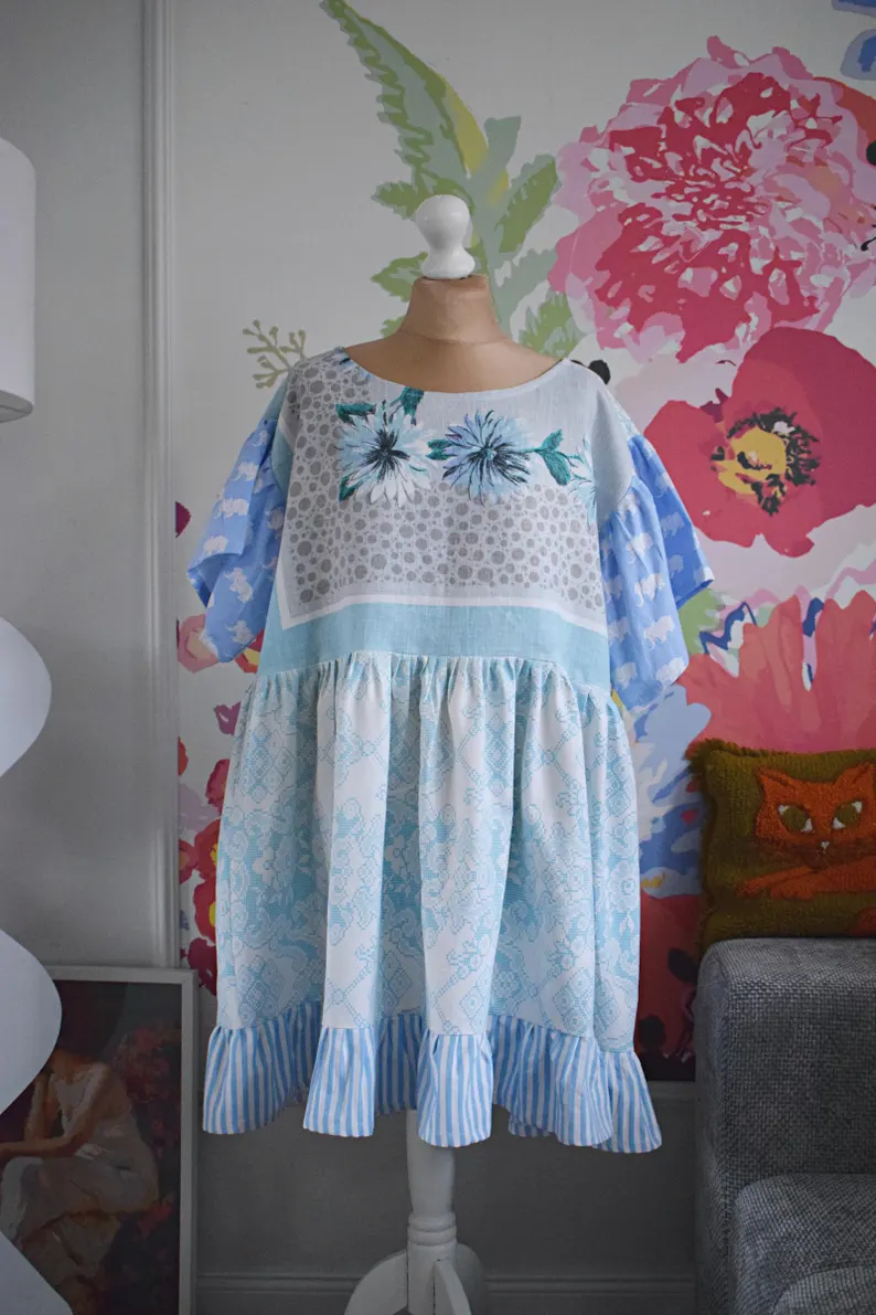 Light Blue Floral Striped Patchwork Mini Dress