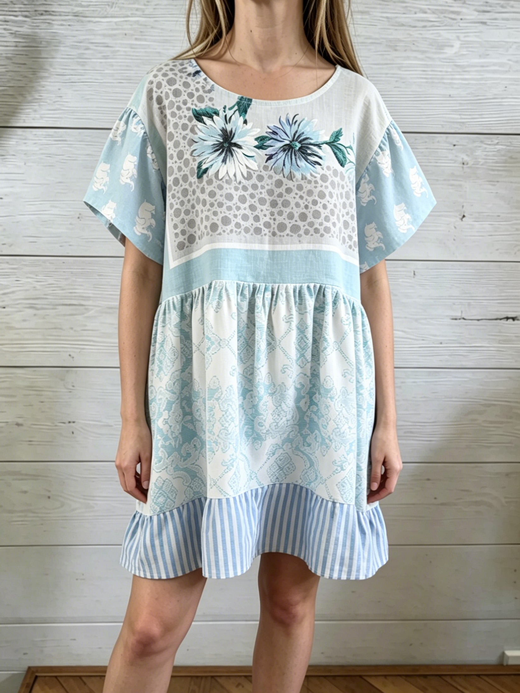 Light Blue Floral Striped Patchwork Mini Dress
