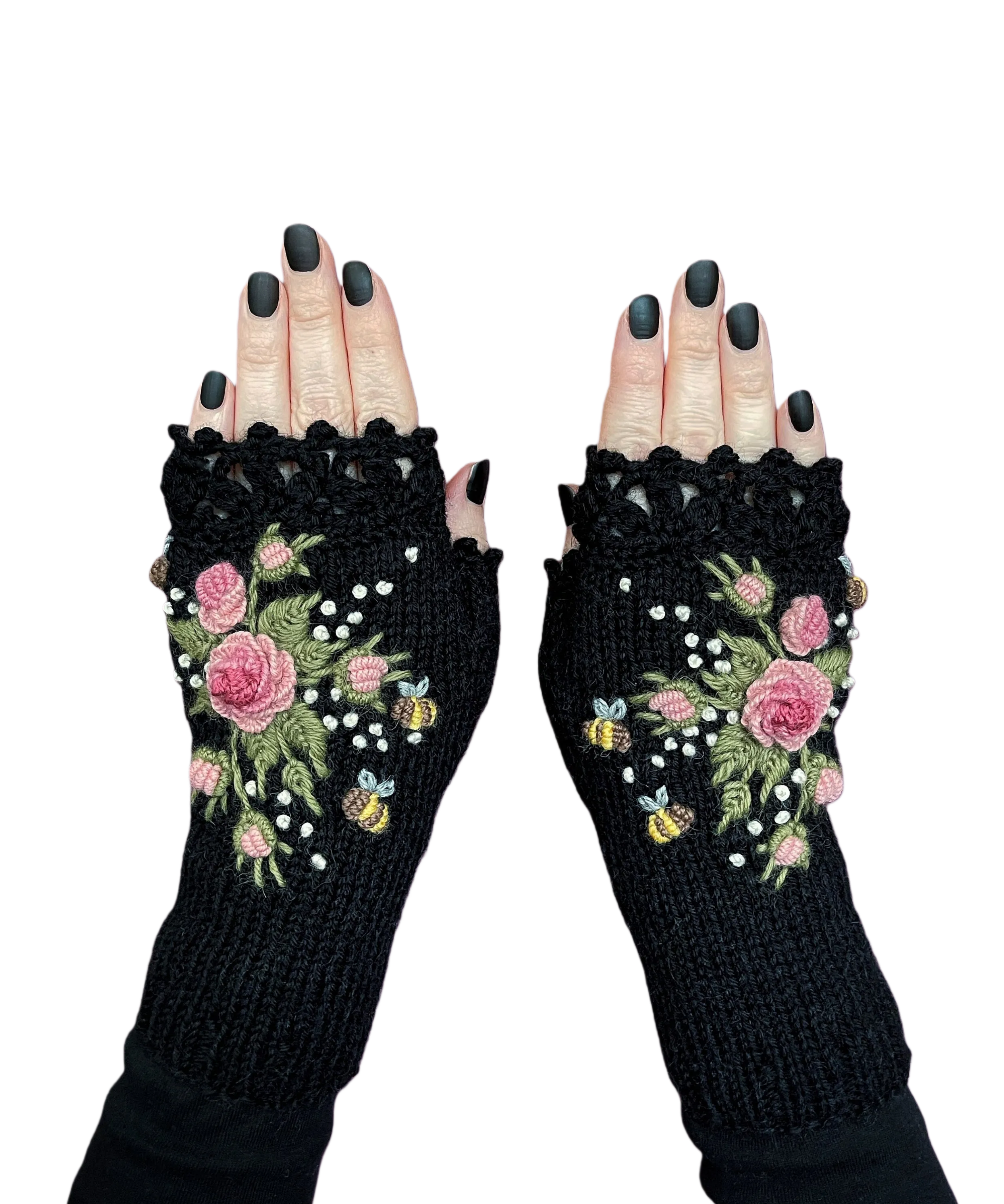Knitted Fingerless Gloves: Black Mittens with Pink Roses and Bees