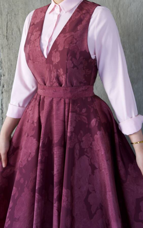 Vintage Jacquard V-Neck Pinafore Dress-Wine Red