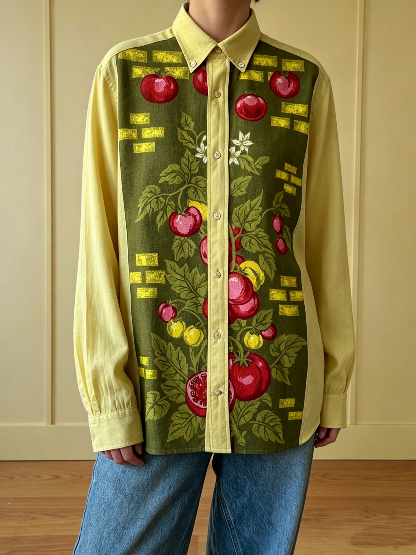 Pomegranate Print Cotton Linen Patchwork Long Sleeve Shirt
