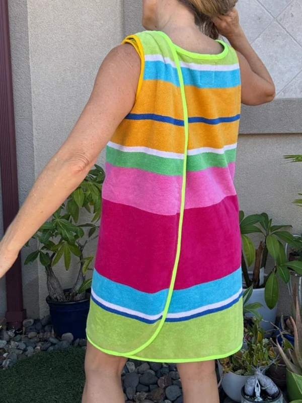 3 Arm Hole Wrap Dress ~ raspberry and green stripe