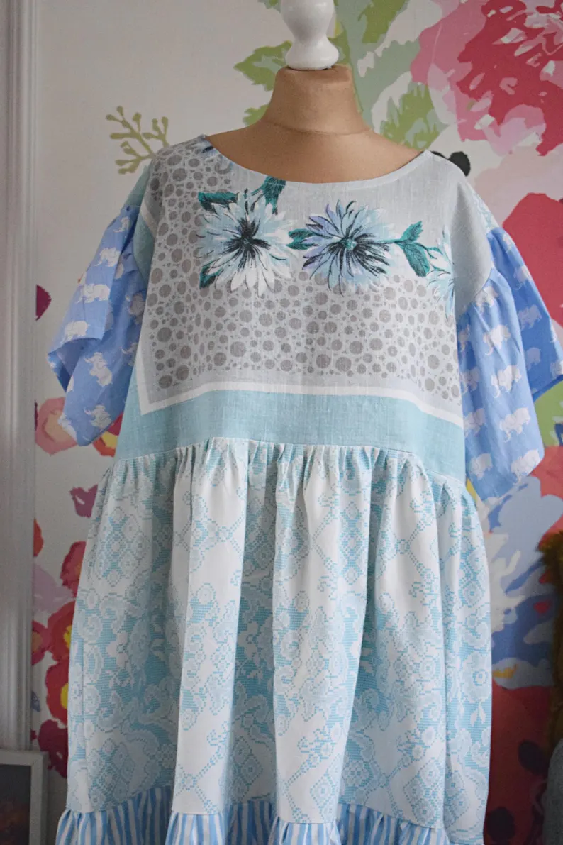 Light Blue Floral Striped Patchwork Mini Dress