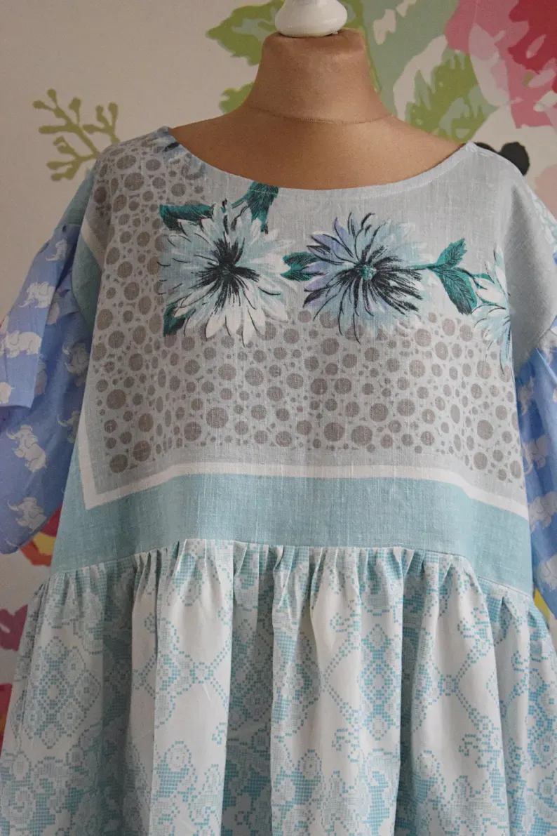 Light Blue Floral Striped Patchwork Mini Dress