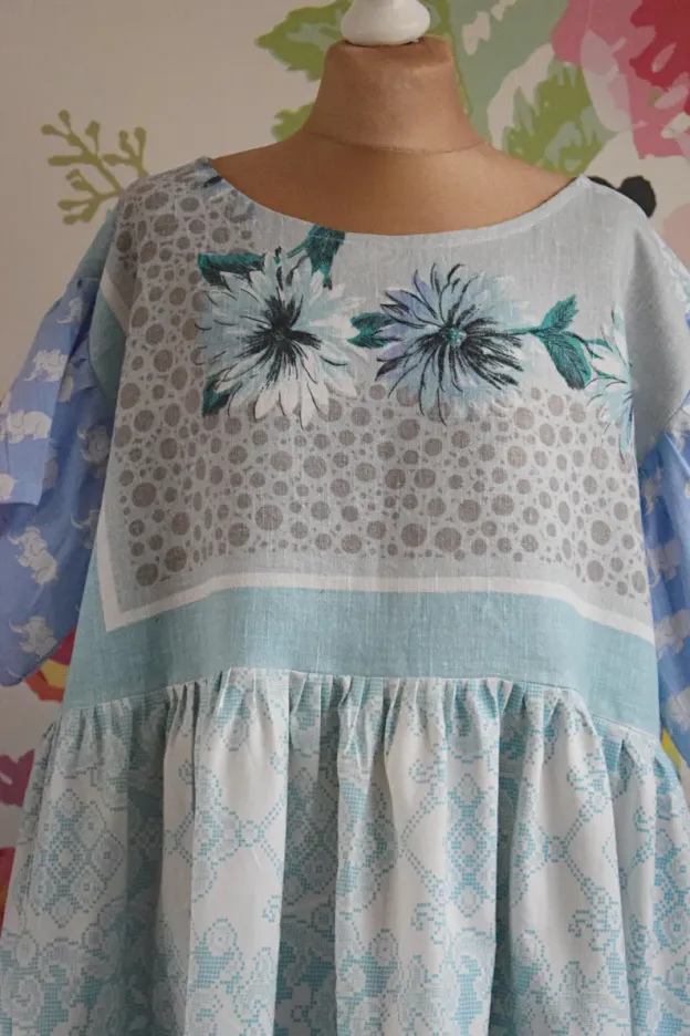 Light Blue Floral Striped Patchwork Mini Dress