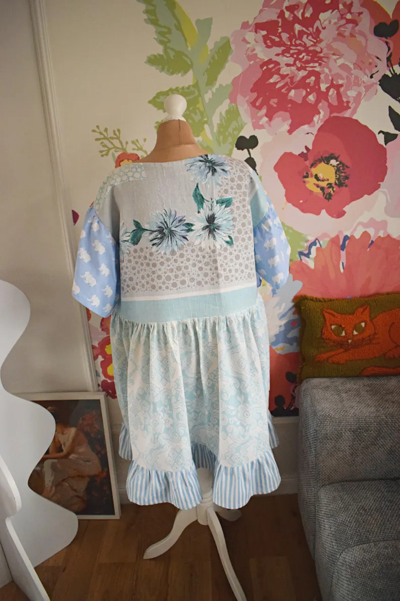 Light Blue Floral Striped Patchwork Mini Dress
