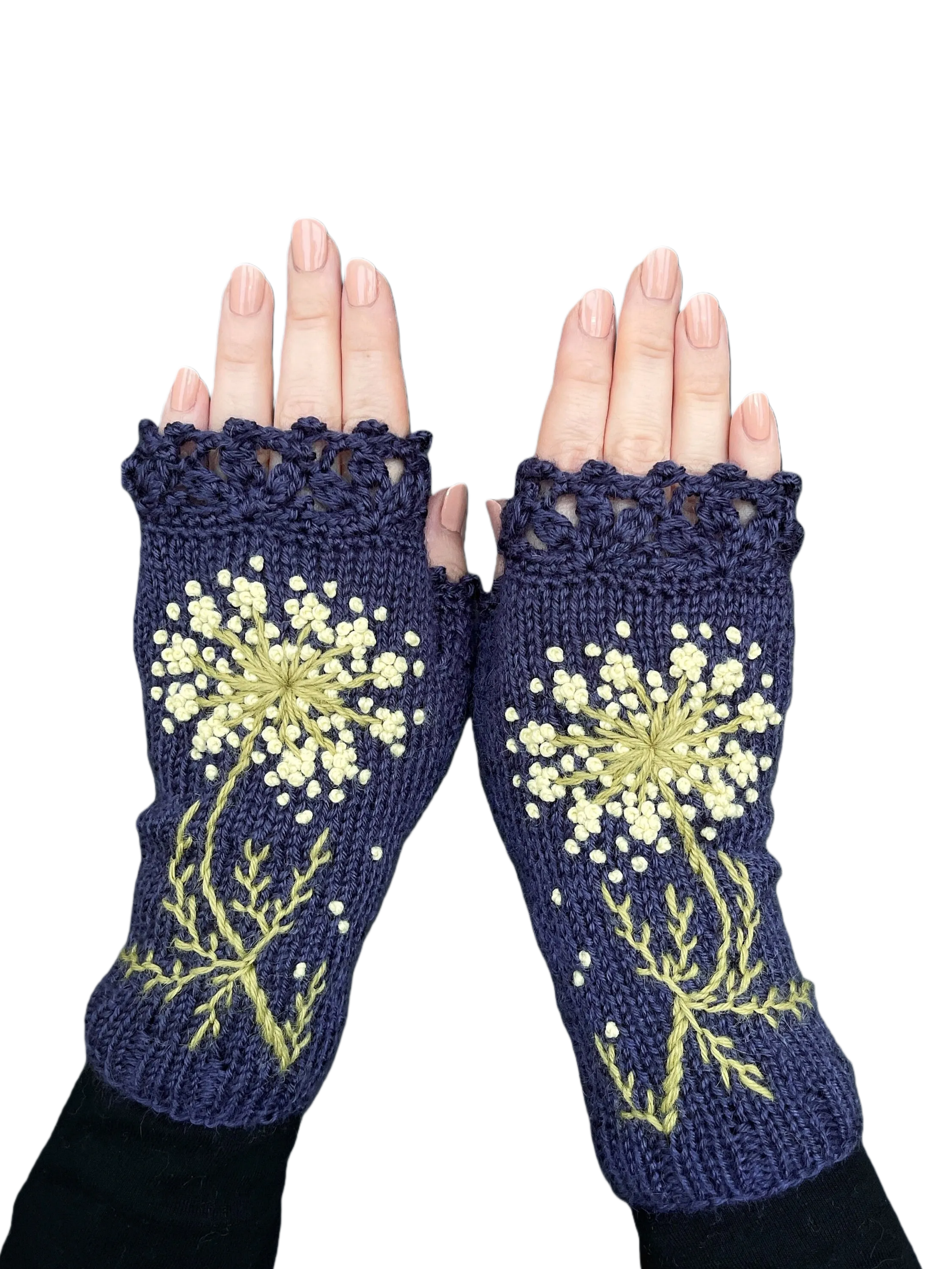 Embroidered Violet Fingerless Gloves: Knitted Wool Blend, Floral Design