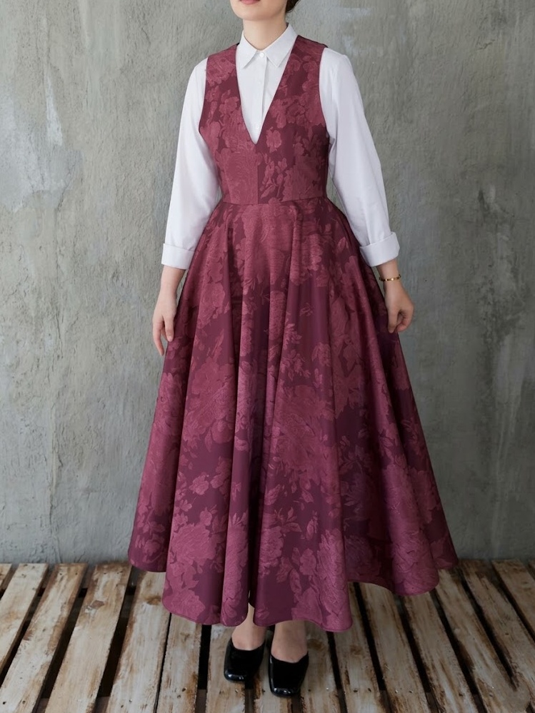 Vintage Jacquard V-Neck Pinafore Dress-Wine Red