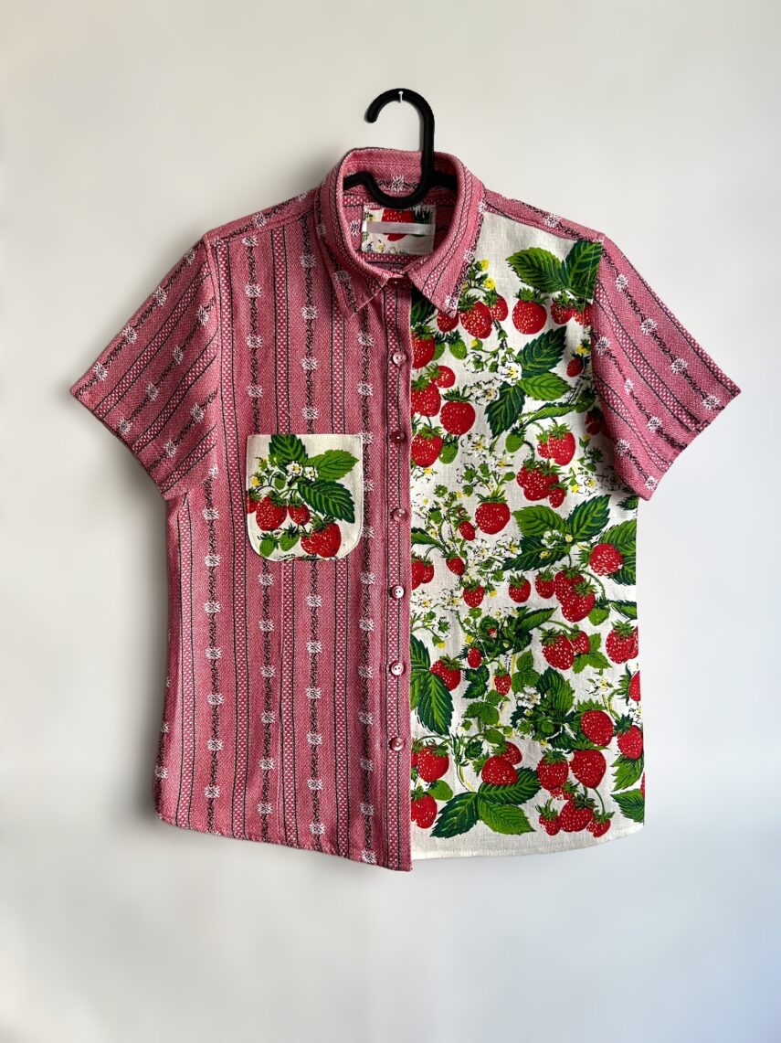 Strawberry Patchwork Cotton Linen Short Sleeve Shirt