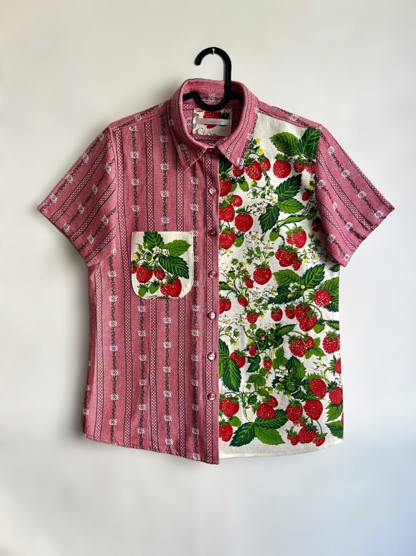 Strawberry Patchwork Cotton Linen Short Sleeve Shirt