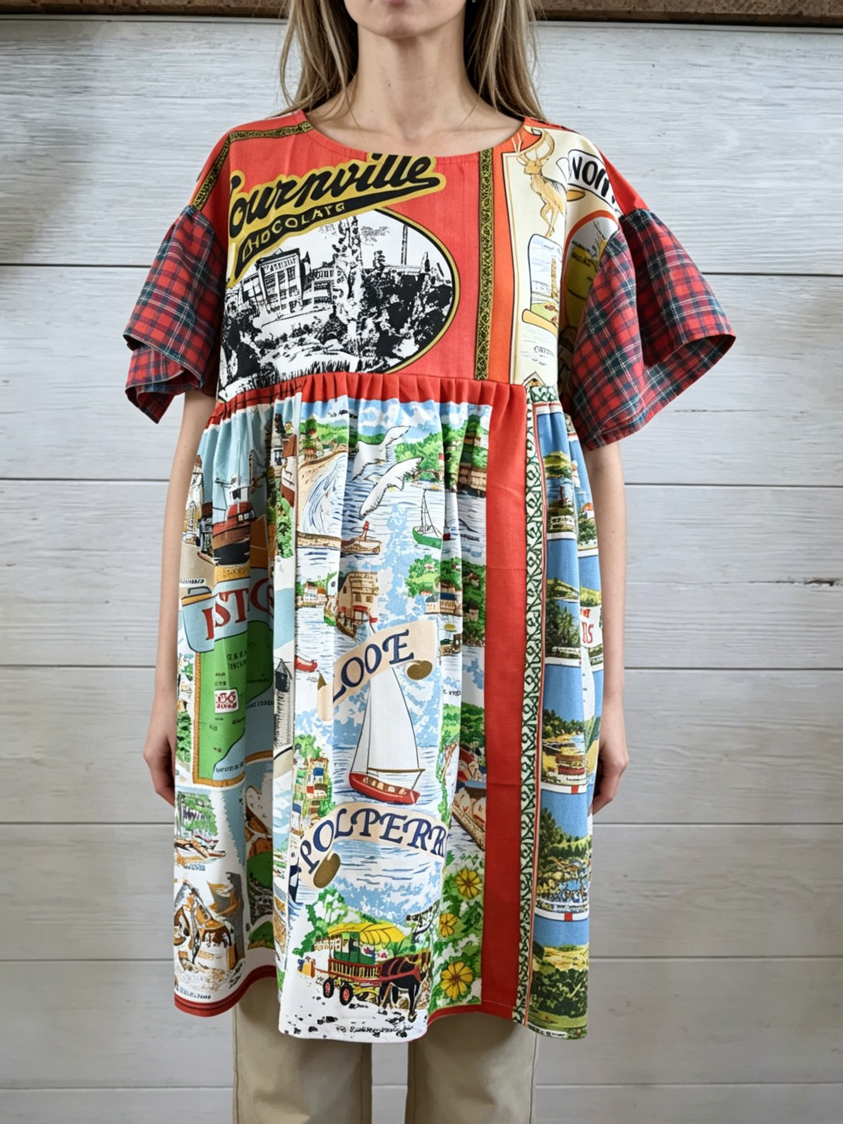 Original Vintage Travel Postcard Patchwork Midi Dress