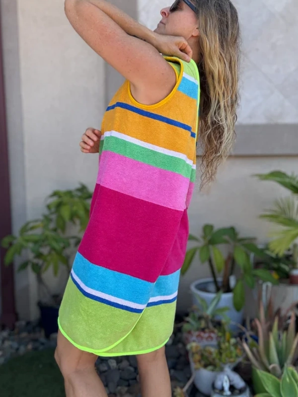 3 Arm Hole Wrap Dress ~ raspberry and green stripe