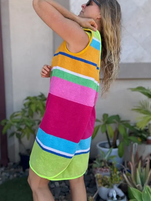 3 Arm Hole Wrap Dress ~ raspberry and green stripe