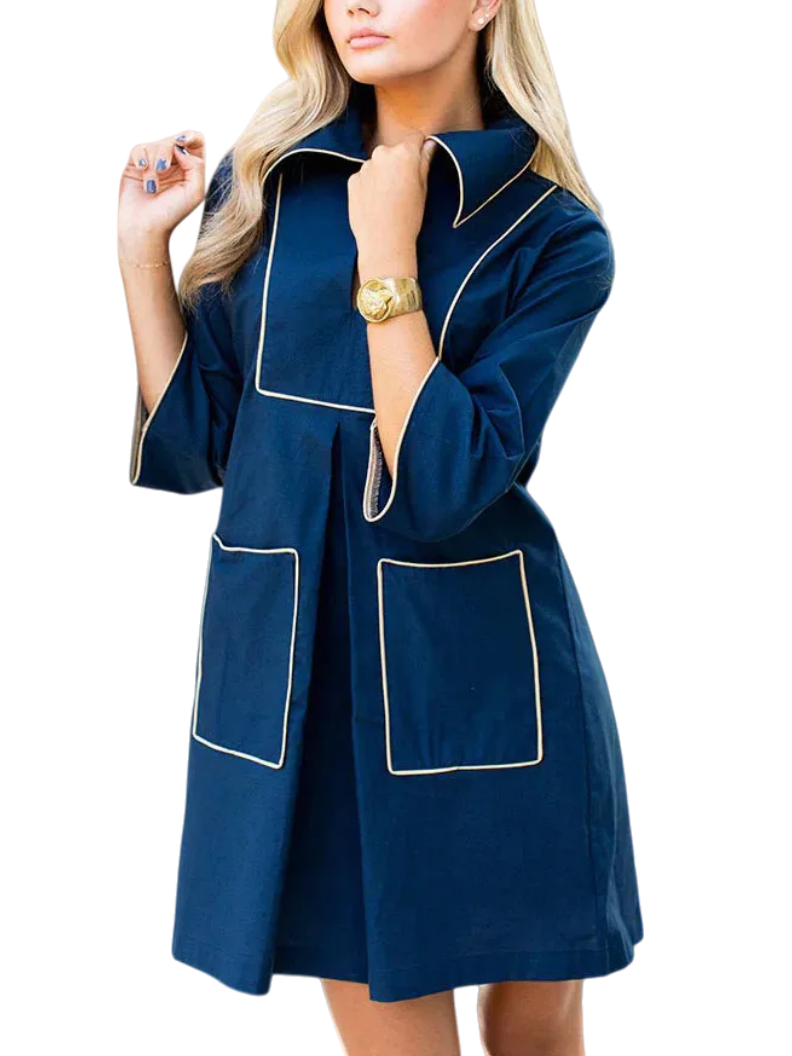 Piped Collar Shift Mini Dress