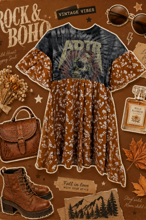 A Day To Remember - Burnt Orange Leaf Print Smock Dress