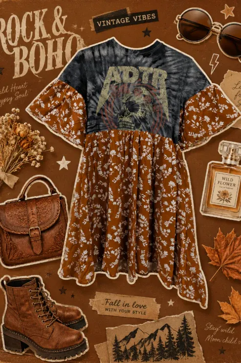 A Day To Remember - Burnt Orange Leaf Print Smock Dress