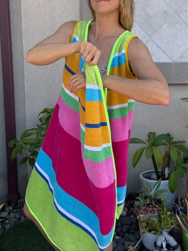 3 Arm Hole Wrap Dress ~ raspberry and green stripe