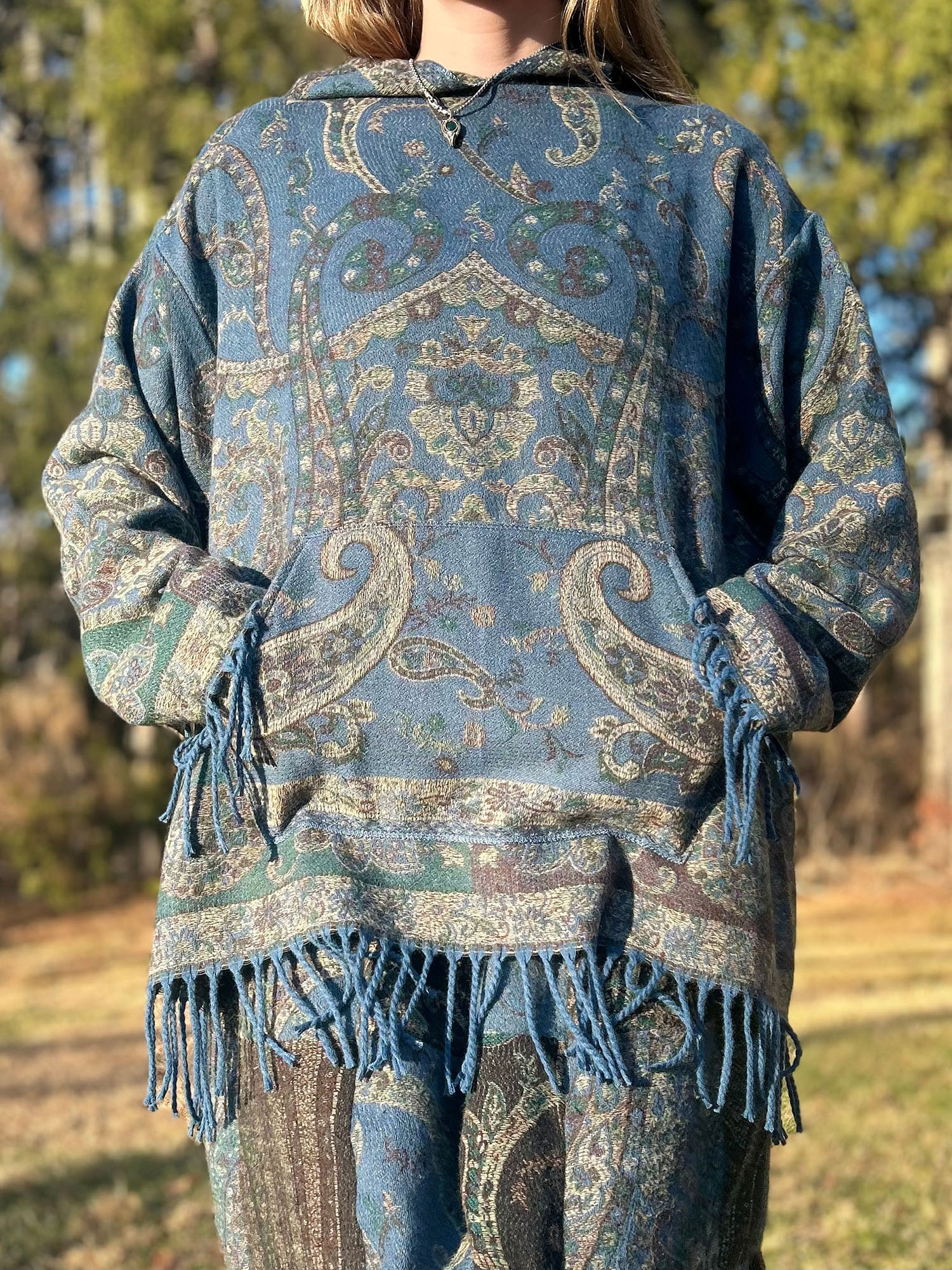 Oversized Patterned Hoodie with Fringe Trim