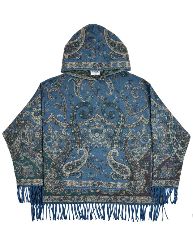 Oversized Patterned Hoodie with Fringe Trim