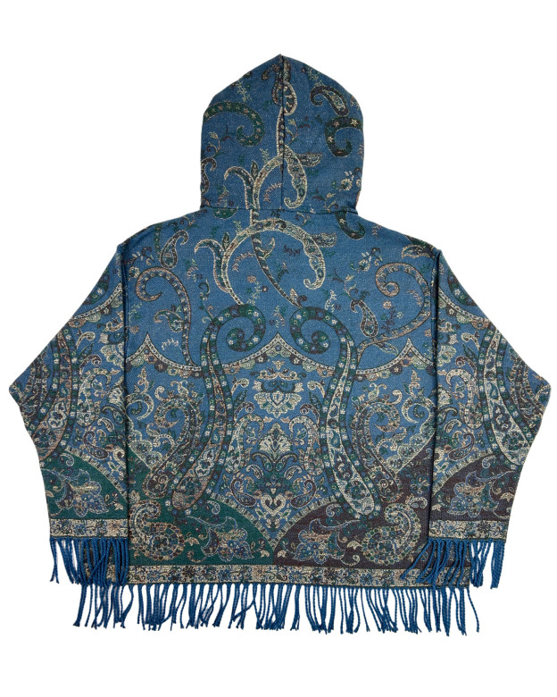 Oversized Patterned Hoodie with Fringe Trim