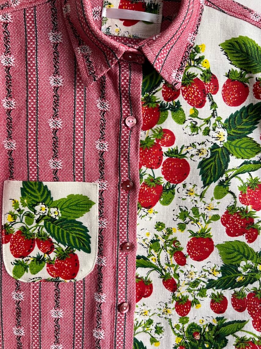 Strawberry Patchwork Cotton Linen Short Sleeve Shirt