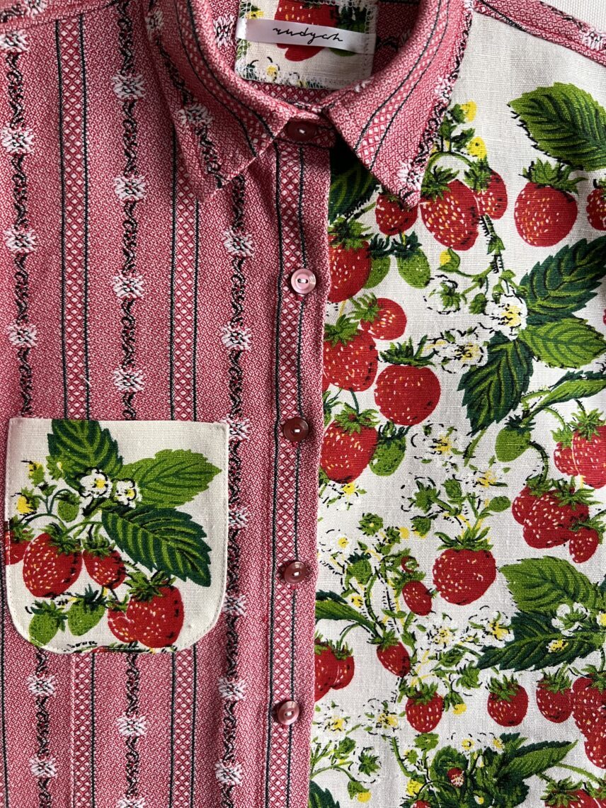 Strawberry Patchwork Cotton Linen Short Sleeve Shirt