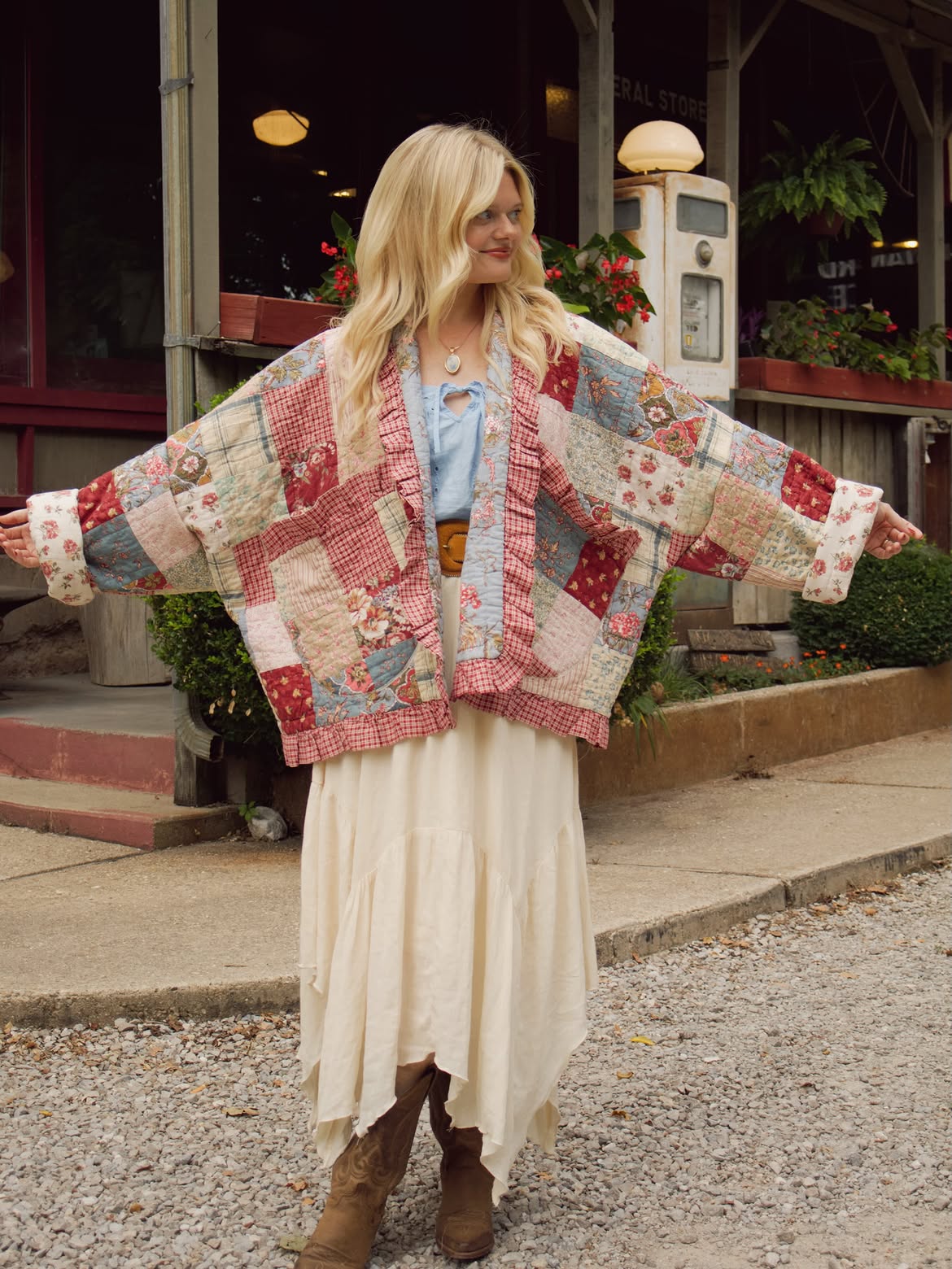 Vintage Patchwork Quilted Jacket with Ruffle Detail