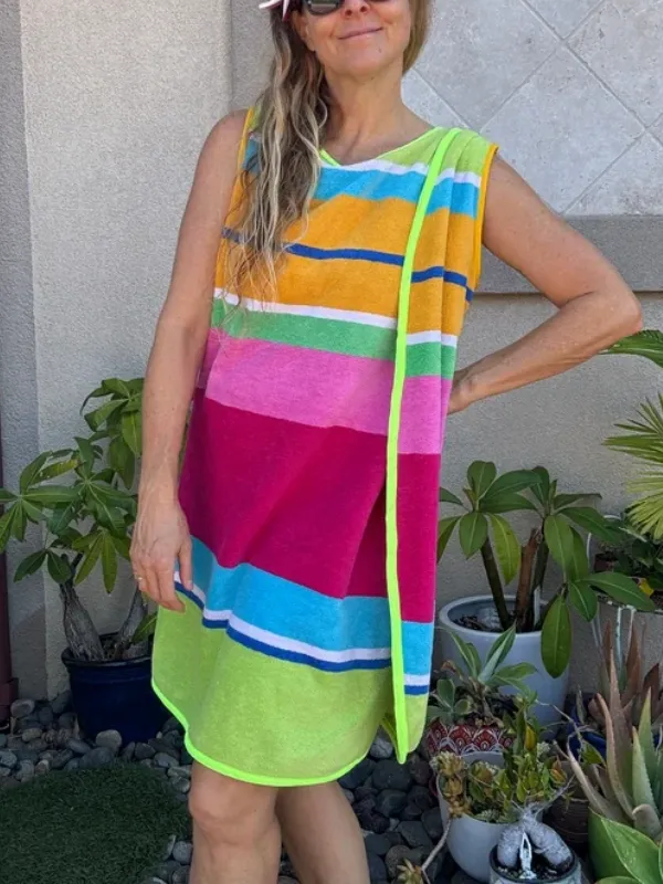 3 Arm Hole Wrap Dress ~ raspberry and green stripe