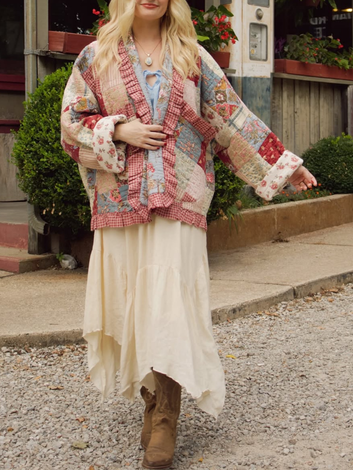 Vintage Patchwork Quilted Jacket with Ruffle Detail