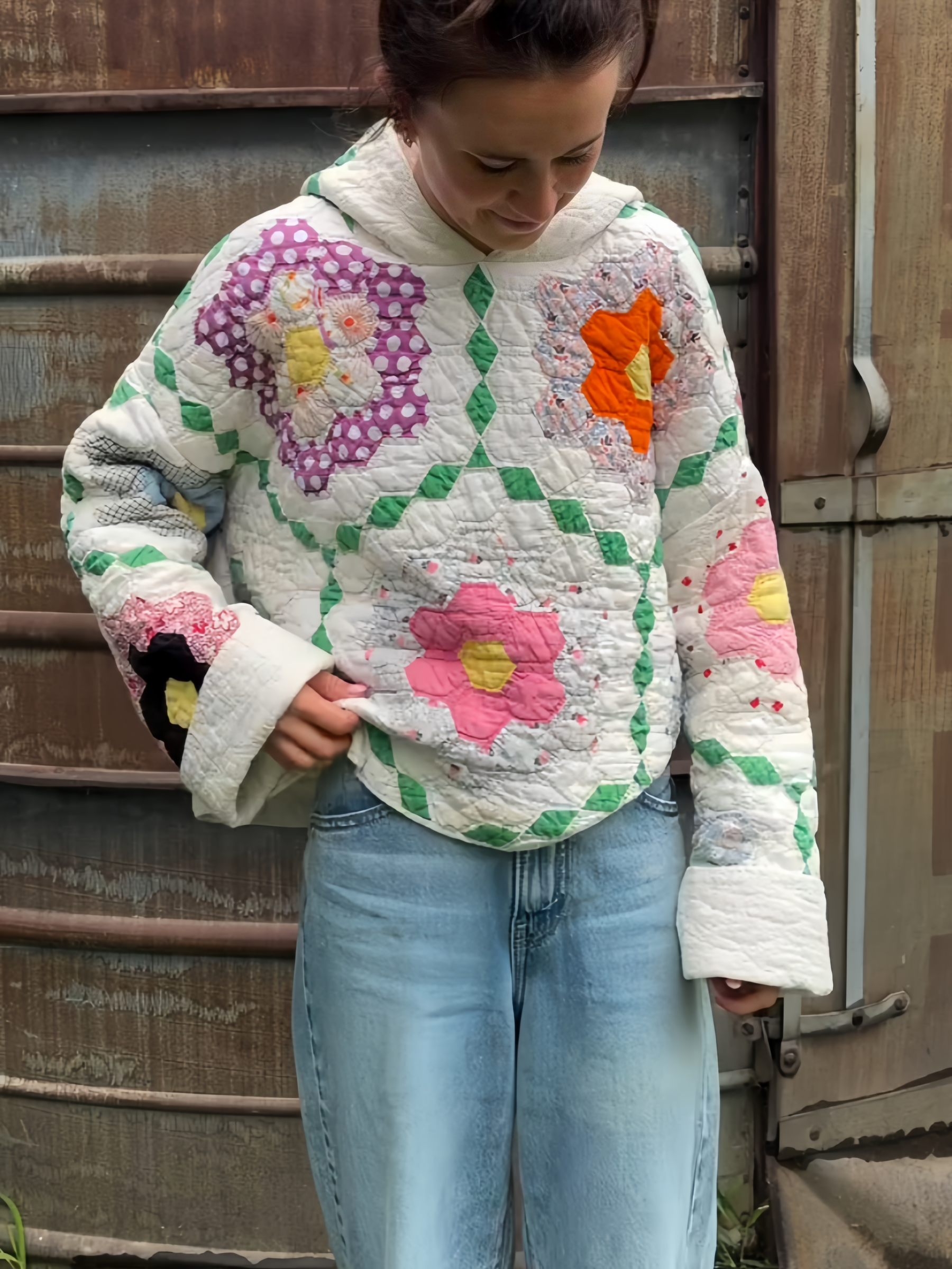 Retro Flower Patchwork Quilted Hoodie
