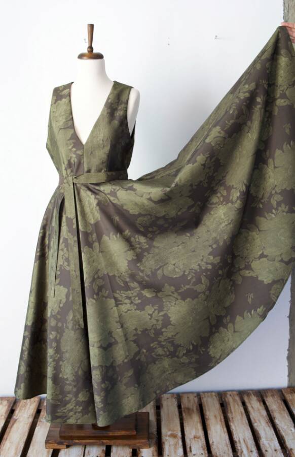Vintage Jacquard V-Neck Pinafore Dress-Green