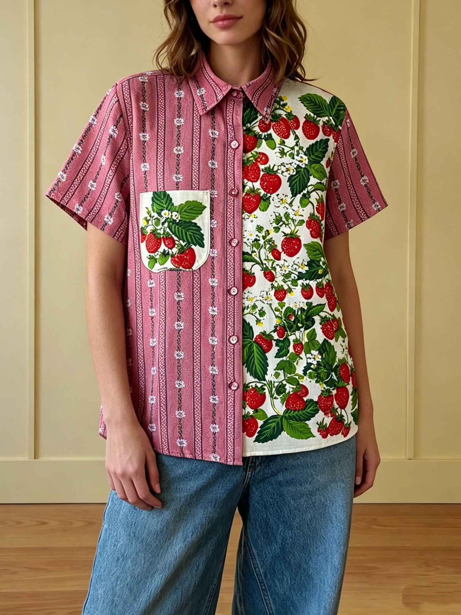 Strawberry Patchwork Cotton Linen Short Sleeve Shirt
