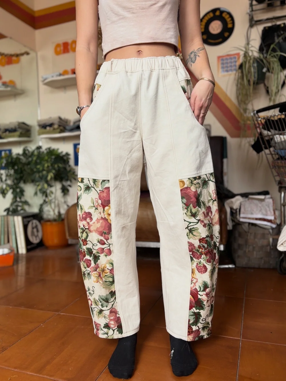 Vintage Floral Patchwork Elastic Waist Pants