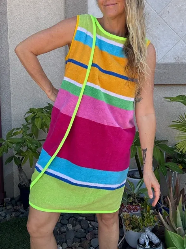 3 Arm Hole Wrap Dress ~ raspberry and green stripe