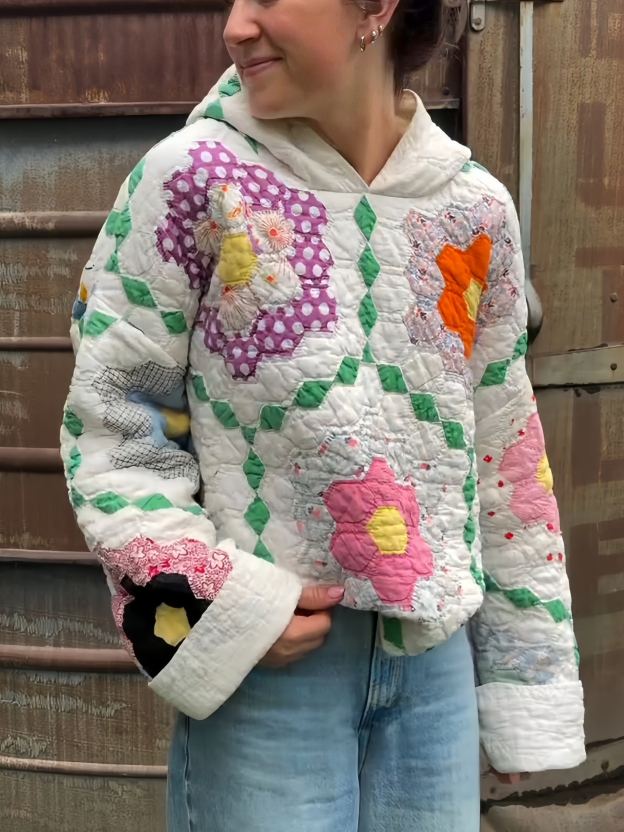 Retro Flower Patchwork Quilted Hoodie