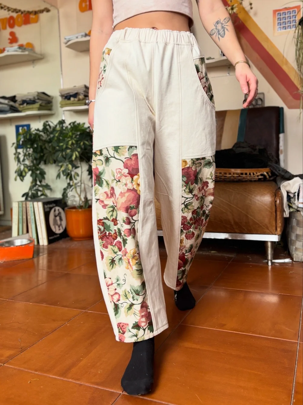 Vintage Floral Patchwork Elastic Waist Pants