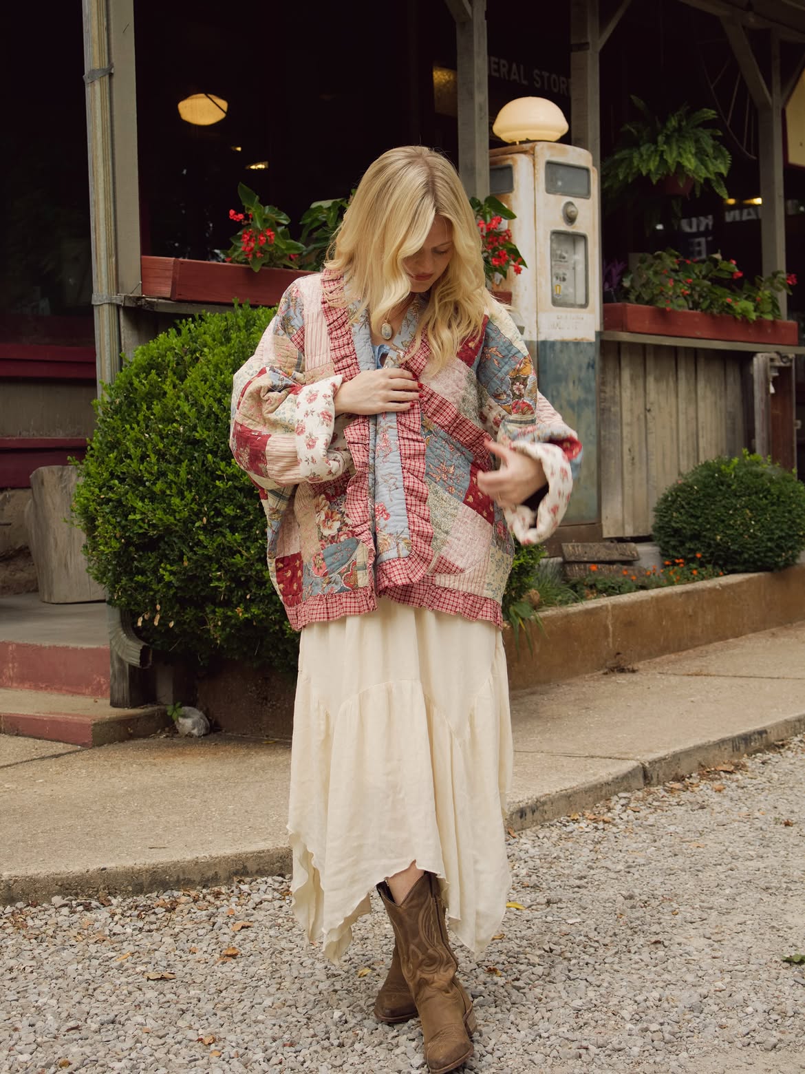 Vintage Patchwork Quilted Jacket with Ruffle Detail