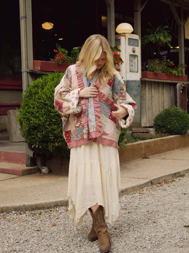 Vintage Patchwork Quilted Jacket with Ruffle Detail