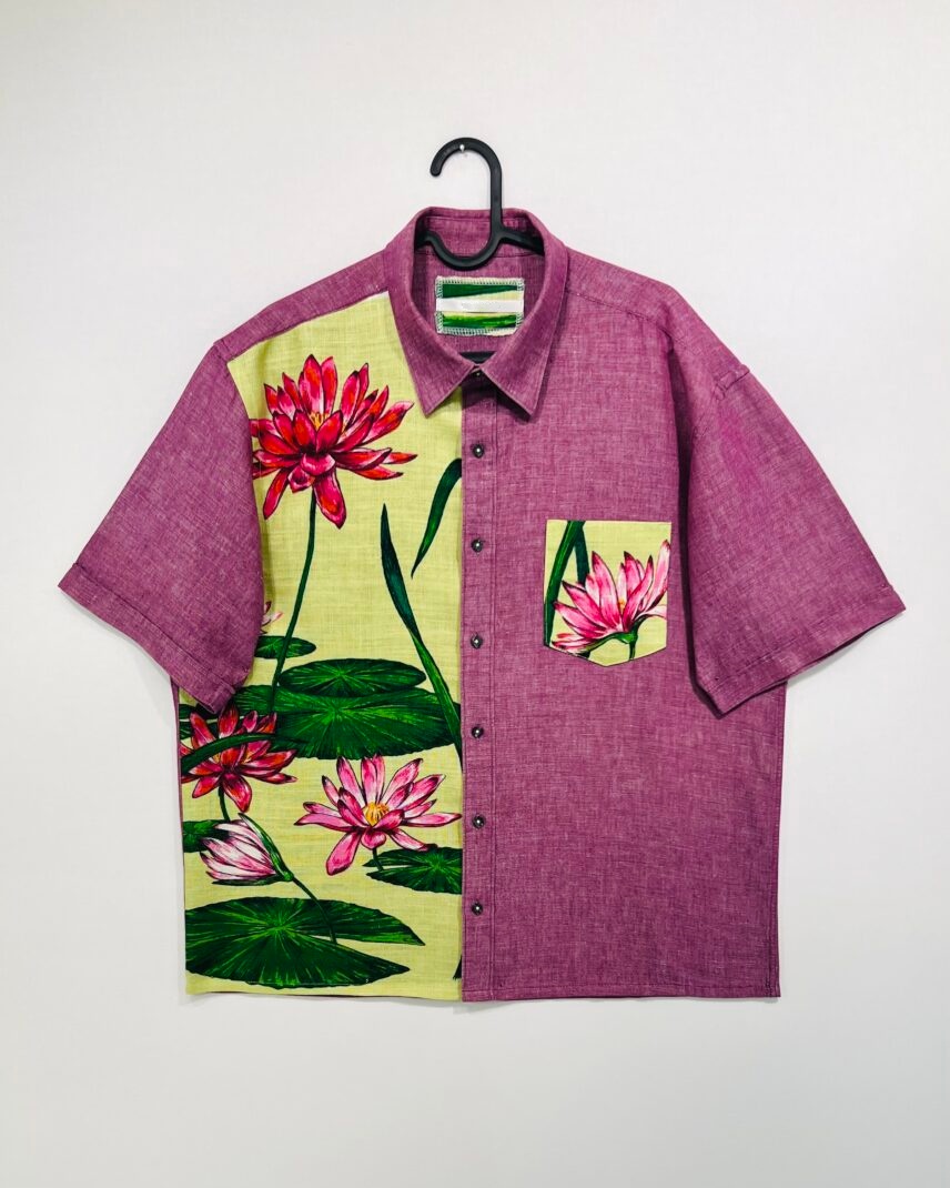 Water Lily Color‑Block Cotton Linen Short Sleeve Shirt