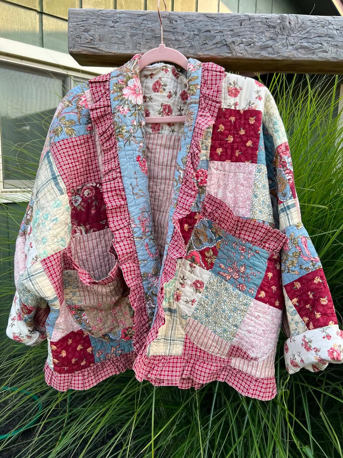 Vintage Patchwork Quilted Jacket with Ruffle Detail